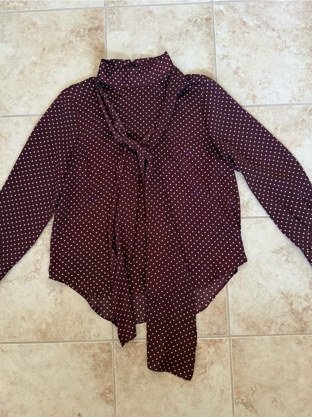 Zara Woman Burgundy Polka Dot Tie Neck Blouse Size L
